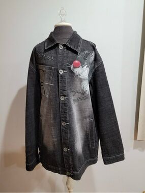 Vintage Lot 29 Looney Tunes Jean Jacket Mens Size XL Black Original Air Brushed